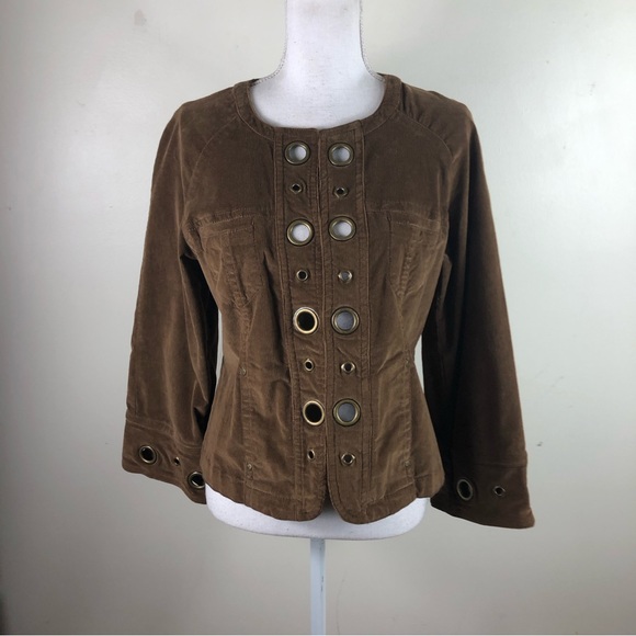 LAL LIVE A LITTLE WOMEN BROWN CORDUROY WIDE SLEEVE GROMMETS HOOK & EYE JACKET - Picture 1 of 7
